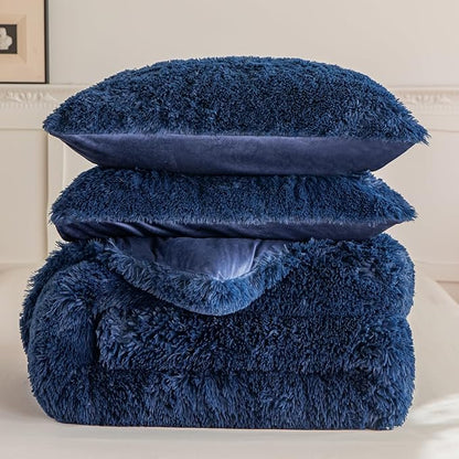 chovy Faux Fur Plush Royal Blue Comforter Sets Twin/Full Size - Ultra Soft Shaggy Flannel Velvet Fluffy Fuzzy 3PC Bedding Set （Comforter x 1 Pillowcases x 2）