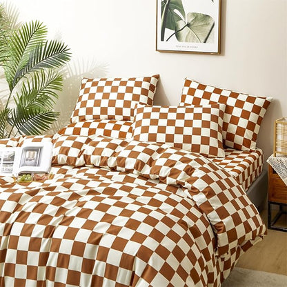 CLOTHKNOW Brown Plaid Full Size Comforter Sets Grid Bedding Comforter Sets Soft Checker Comforter with 2 x Pillow Cases Soft Lightweight