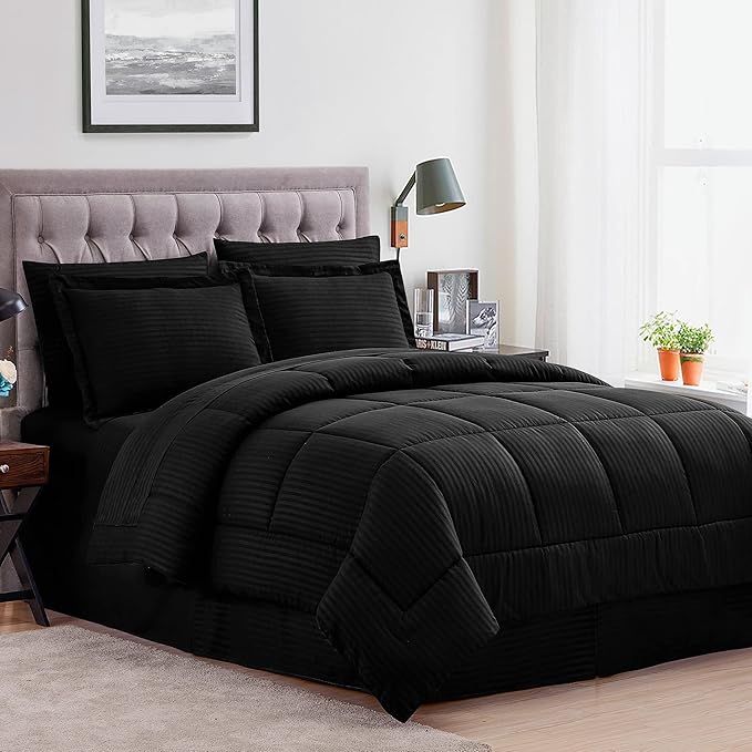 8 Piece Comforter Set Bag with Dobby Stripe Design (Pack of 3)