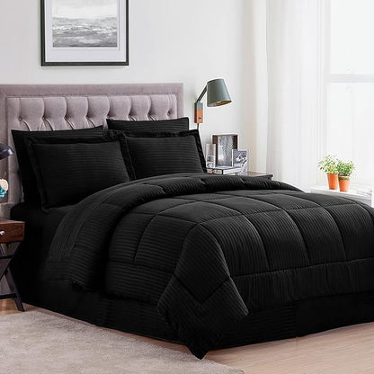 King Size Comforter Set 8 Piece Bed in a Bag with Bed Skirt, Fitted Sheet, Flat Sheet, 2 Pillowcases, 2 Pillow Shams, King, Dobby Black