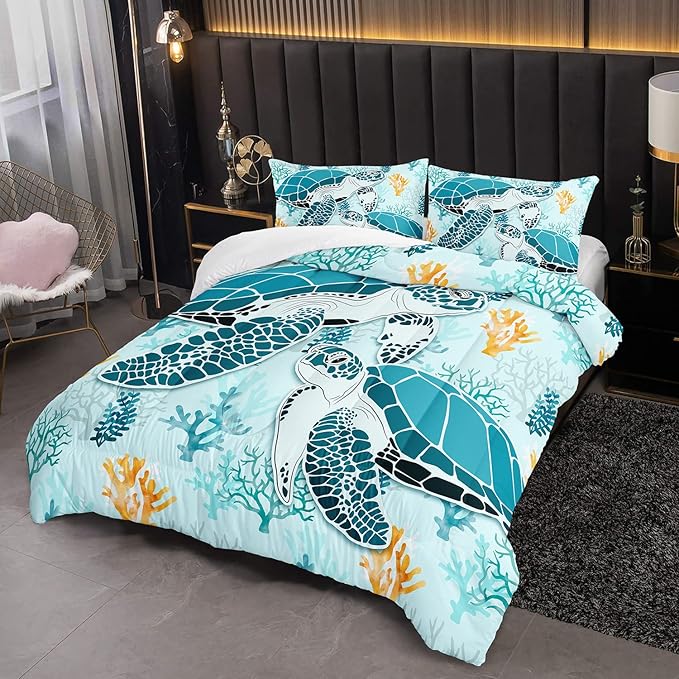 HOSIMA Sea Turtle Comforter Set,Coastal Beach Themed Bedroom Comforter Set Queen Size for Kids Teen Girls Boys Room Decor,Turtle Twin Bed in a Bag for Girls with 2 Pillowcases.