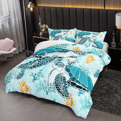 HOSIMA Sea Turtle Comforter Set,Coastal Beach Themed Bedroom Comforter Set Queen Size for Kids Teen Girls Boys Room Decor,Turtle Twin Bed in a Bag for Girls with 2 Pillowcases.