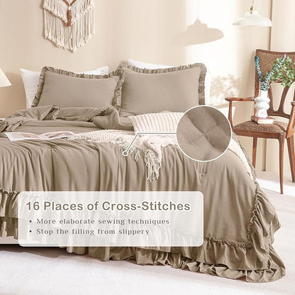 Masaca Ruffled King Comforter Set,Farmhouse Shabby Boho Bedding Comforter with Ruffles Lightweight Ultra Soft Vintage Rustic French Country Light Taupe Bedding 3 Pieces