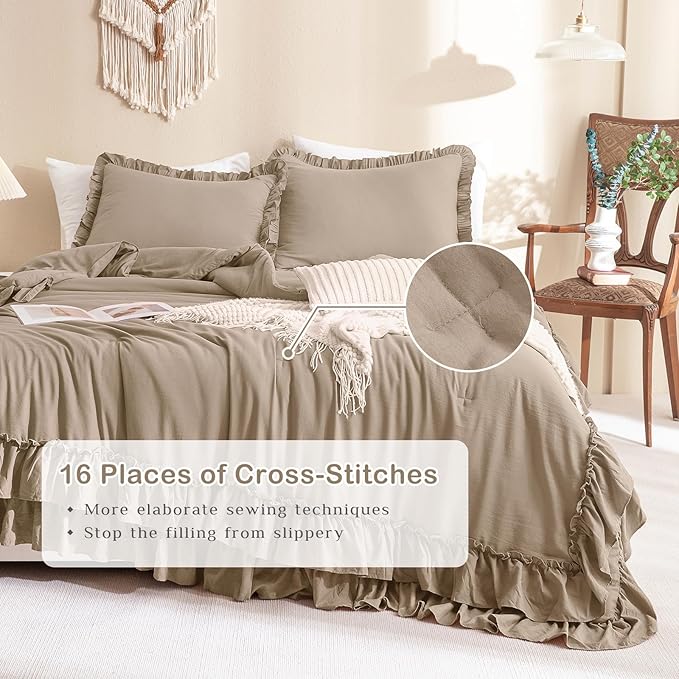 Masaca Ruffled Comforter Set for Queen Bed,3 Pieces Vintage Farmhouse Shabby Light Taupe Bedding Comforter Set Lightweight Ultra Soft French Country Bedding (1 Farmhouse Comforter +2 Pillowcases)