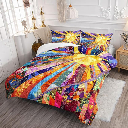 Sun Boho Comforter Set King Size 3 Pieces Bed in a Bag,Color Wildflower Garden Floral Bedding Set for Boys Girls Women, Floral Aesthetic Rustic Farmhouse Botanical Bedroom with 2 Pillow Covers