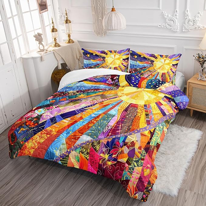 Sun Boho Comforter Set Full Size 3 Pieces Bed in a Bag,Color Wildflower Garden Floral Bedding Set for Boys Girls Women, Floral Aesthetic Rustic Farmhouse Botanical Bedroom with 2 Pillow Covers