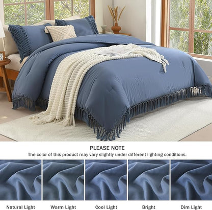 Andency Queen Comforter Set Bluish Grey, 3 Pieces Boho Lightweight Fall Bedding Comforter Sets, Tassel Bed Set (90x90In Comforter & 2 Pillowcases)