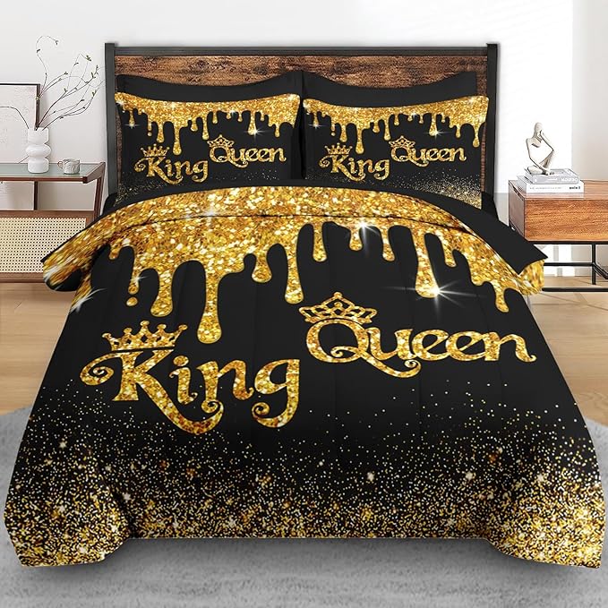 Comforter Set Queen Size, King Queen Black Gold Crown 7 Pcs Bedding for Kids and Adults, Royal Love Bed Sheet Sets with Fitted Sheet 2 Pillowcases & 2 Shams for Bedroom Bed Decor