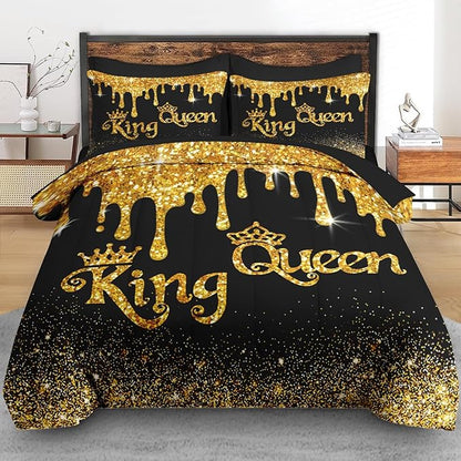 Comforter Set Twin Size, King Queen Black Gold Crown 5 Pcs Bedding for Kids and Adults, Royal Love Bed Sheet Sets with Fitted Sheet Pillowcase & Sham for Bedroom Bed Decor