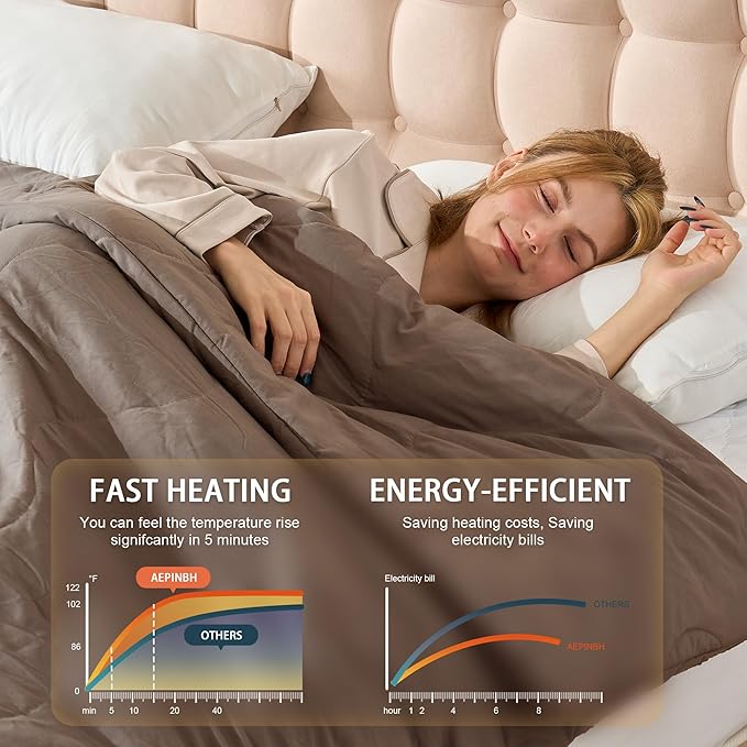 Electric Blanket Queen Size - Dual Control Heated Blanket Queen Size, Fast Heating with 10 Time Settings & 6 Heat Settings, Warm Gift (Khaki, Queen/Full 90" x 90")