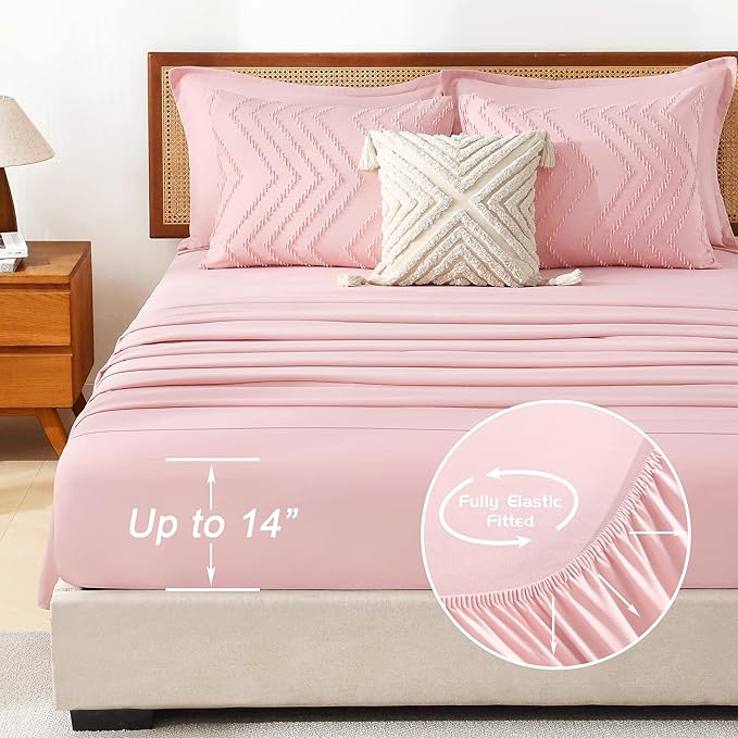 Litanika Pink Queen Size Comforter Set with Sheets - 7 Pieces Bed in a Bag Queen Boho Tufted Complete Bedding Sets with Comforter, Sheets, Pillowcases & Shams