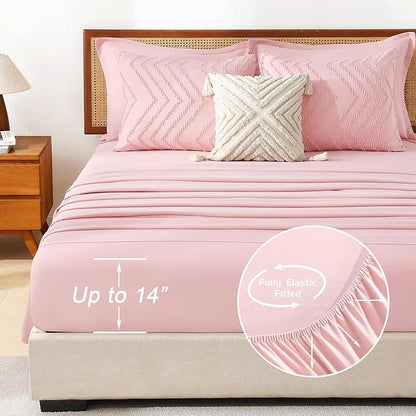 Litanika Pink Full Size Comforter Set with Sheets - 7 Pieces Bed in a Bag Full Boho Tufted Complete Bedding Sets with Comforter, Sheets, Pillowcases & Shams