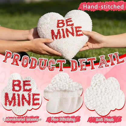 Peryiter Heart Shape Handicraft Hook Pillow 10'' x 10'' Needlepoint Heart Throw Pillow Red Be Mine for Couples Anniversary, Wedding, Party Decor, Room Cushion