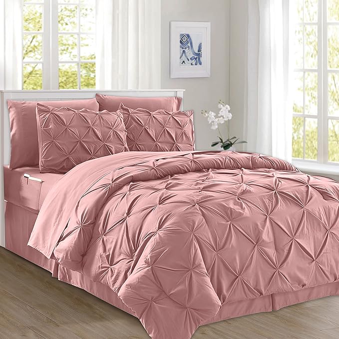 Elegant Comfort 8-Piece Pinch Pleated Comforter Set - All Season Complete Bed in a Bag, Includes 4pc Smart Sheet Set, Bed Skirt, Comforter, Matching Pillowcases and Shams, King/Cal King, Dusty Rose
