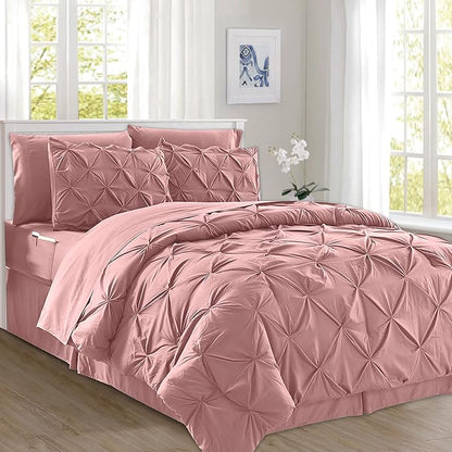 Elegant Comfort 8-Piece Pinch Pleated Comforter Set - All Season Complete Bed in a Bag, Includes 4pc Smart Sheet Set, Bed Skirt, Comforter, Matching Pillowcases and Shams, Twin/Twin XL, Dusty Rose