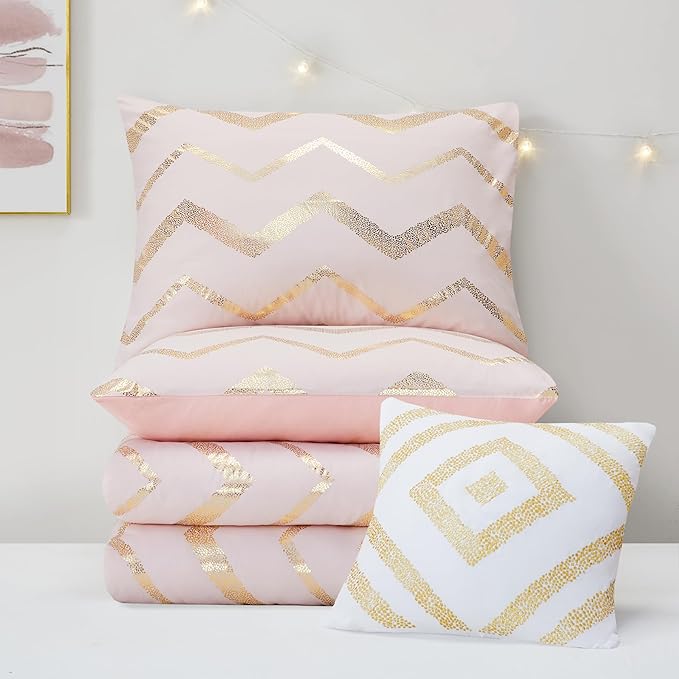 Codi Teen Girl Bedding, Comfy Girls Comforter Sets Full & Queen Size for Kids Bedroom, Pink and Gold, 4 Piece for Teenagers - All Seasons Warm