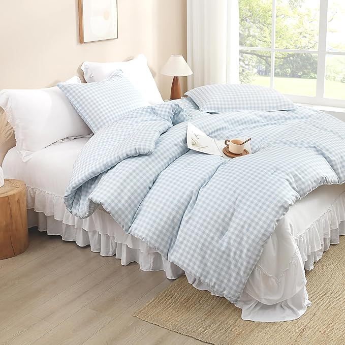 Andency Light Blue Gingham Comforter Set Twin(66x90Inch), Checkered Grid Plaid Buffalo Bed Set for Girls Boys Kids Teens, 2 Pieces Lightweight Microfiber Geometric Preppy Bedding