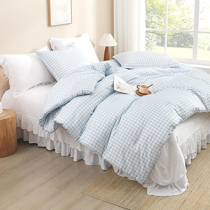 Andency Light Blue Gingham Comforter Set Twin(66x90Inch), Checkered Grid Plaid Buffalo Bed Set for Girls Boys Kids Teens, 2 Pieces Lightweight Microfiber Geometric Preppy Bedding