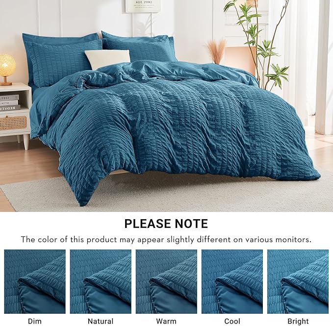HYMOKEGE Teal Twin Comforter Set Seersucker 5 Pieces, All Season Luxury Bed in a Bag for Bedroom, Bedding Set with Comforters, Sheets, Pillowcase & Sham