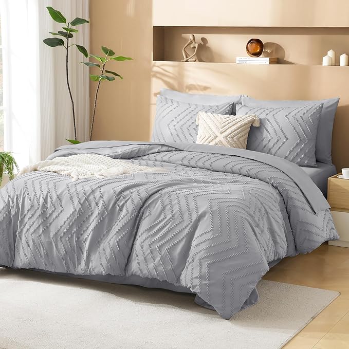 Litanika Light Grey California King Size Comforter Set with Sheets - 7 Pieces Bed in a Bag California King Boho Tufted Complete Bedding Sets with Comforter, Sheets, Pillowcases & Shams