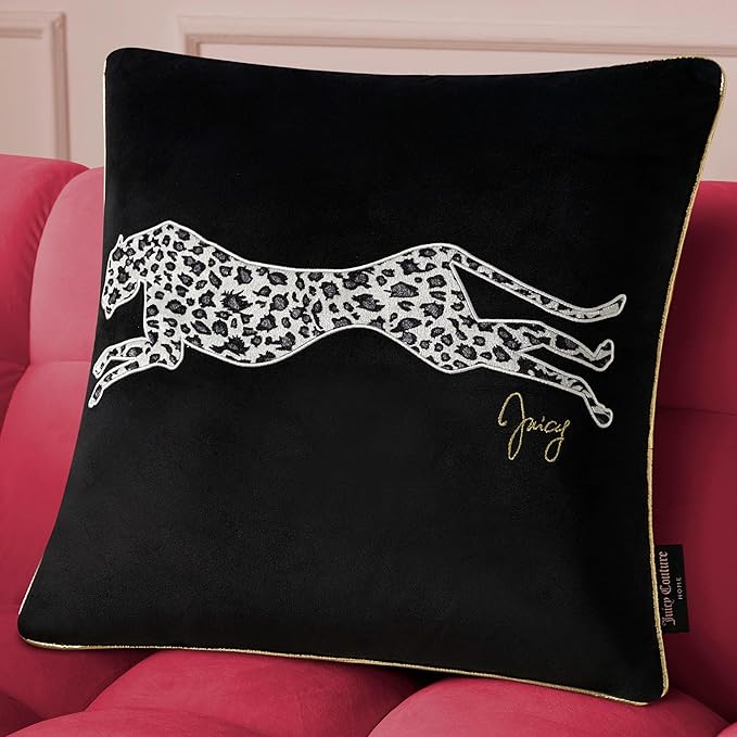 Juicy Couture Reversible Velvet Cheetah Pillow, 18" x 18" Decorative Pillow, Black