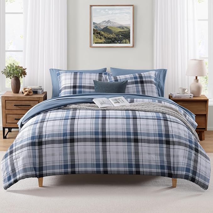 MaiRêve Twin XL Size Plaid Comforter Set Lake Blue, Classic 5 Pieces Farmhouse Bedding Set, All Season Lightweight Bed in A Bag with Sheets, Pillowcase & Sham
