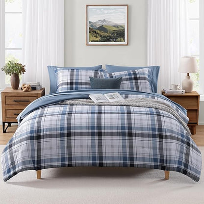 MaiRêve Twin XL Size Plaid Comforter Set Lake Blue, Classic 5 Pieces Farmhouse Bedding Set, All Season Lightweight Bed in A Bag with Sheets, Pillowcase & Sham