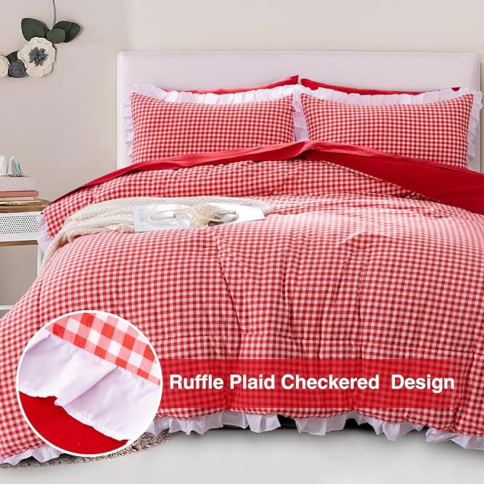 A Nice Night Comforter Set Full, 5 Pieces Lightweight Soft Rustic Red Ruffle Comforter, Plaid Checkered Chic Bedding Set with Pillow Shams