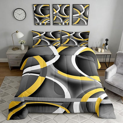 Castle Fairy Circle Geometric Comforter Set Gray Black Yellow Swirls Bedding Set for Kids Girls Women Adults Abstract Stripes Comforter Retro Style Quilted Duvet Set Bedroom Collection Twin Size 2Pcs