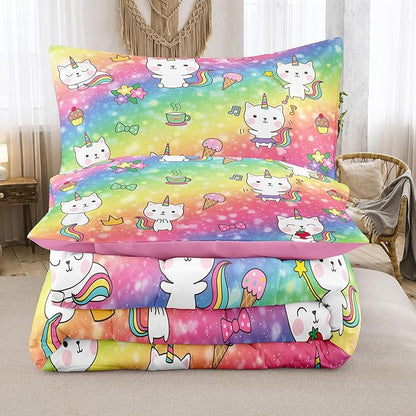 Tailor Shop Cat Comforter Sets King Size,Cat Bedding Sets for Girls Kids Teens Rainbow Comforter with 2 Pillowcase…