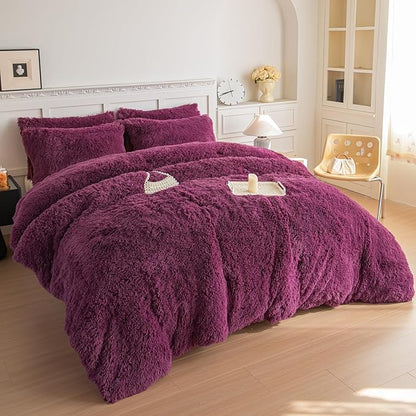 chovy Faux Fur Plush Grape Purple Comforter Sets Queen - Ultra Soft Shaggy Flannel Velvet Fluffy Fuzzy 3PC Bedding Set （Comforter x 1 Pillowcases x 2）