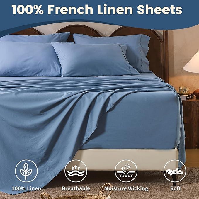 100% Linen Sheet Set King Size Extra Deep Pocket Fits 18-24 Inch Mattress, Breathable & Soft, Smooth 6-Piece Set for Thick Mattresses Hotel Luxury Bedding（King, Dusty Blue）
