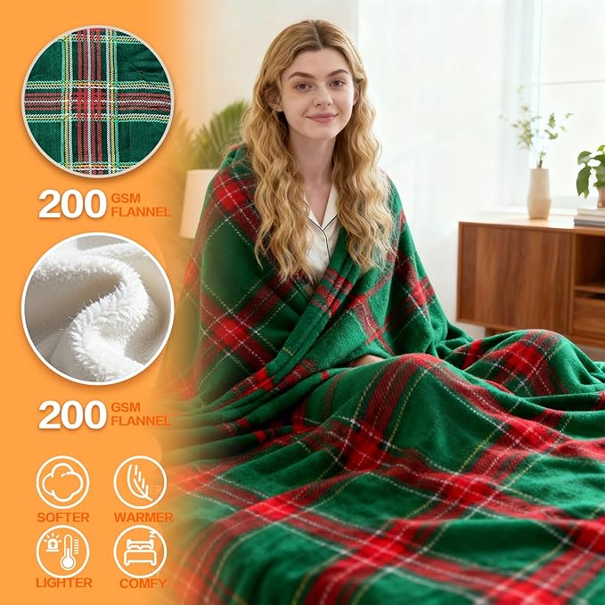 Electric Blanket Heated Throw, Soft Flannel 50"x60" Plaid Heating Blanket with 8 Hours Auto Off 10 Fast Heating Levels Machine Washable Sherpa Heated Blanket with Overheating Protection
