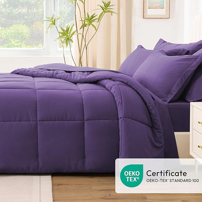 Love's cabin King Size Comforter Set Dark Purple, 7 Pieces King Bed in a Bag, All Season Bedding Sets with 1 Comforter, 1 Flat Sheet, 1 Fitted Sheet, 2 Pillowcase and 2 Pillow Sham