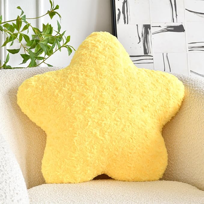 Star Pillow, 19.7" Star Shaped Plush Pillow for Couch Bed Sofa, Cute Decorative Throw Pillows with Soft Faux Fur Room Decor for Bedroom Living Room (Yellow)