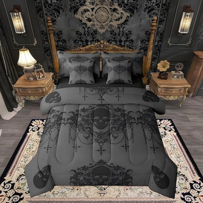 Gothic Comforter Set 7 Piece Bed in a Bag Twin,Goth Sugar Skull Bedding Set,Charcoal Grey Black Damask Bohemian Vintage Floral Comforter and Sheet Set,Exotic Antique Victorian Baroque Decor