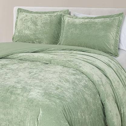 Luxury Velvet King Size Comforter Set, 3 Pieces Reversible Brushed Solid Microfiber Back, All Season Cozy, Soft, Warm (Sage Green,104x90 in)