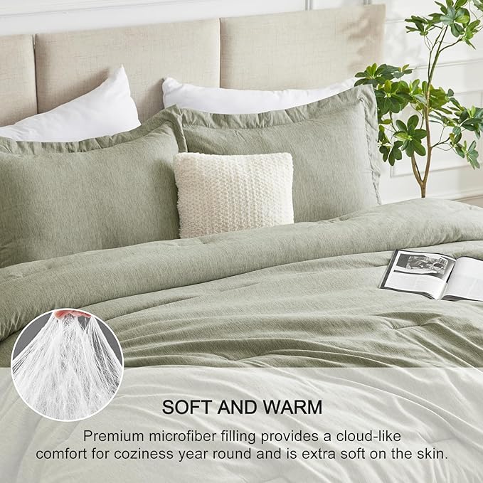CozyLux King Size Comforter Set - 3 Pieces Olive Green Soft Luxury Cationic Dyeing Bedding Comforter for All Season, Breathable Lightweight Fluffy Boho Bed Sets with 1 Comforter and 2 Pillow Shams