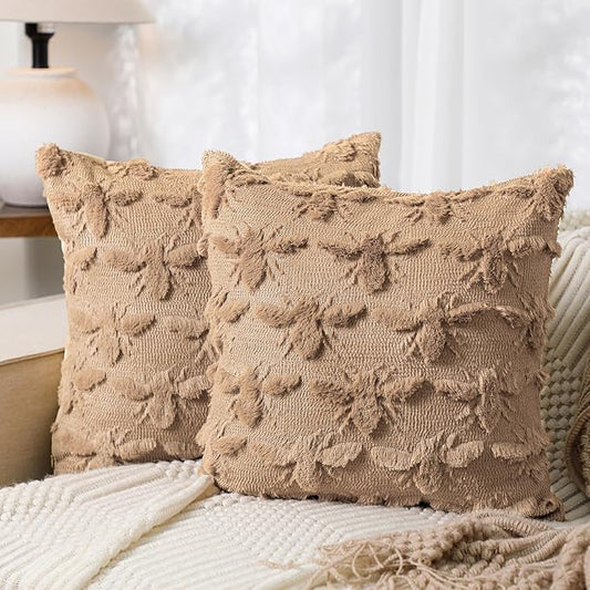 2 Pcs Bee Throw Pillow Covers 8 x 18 Inches Brown Bee Farmhouse Decorative Pillow Covers Soft Plush Faux Fur Wool Pillowcase for Sofa Bed