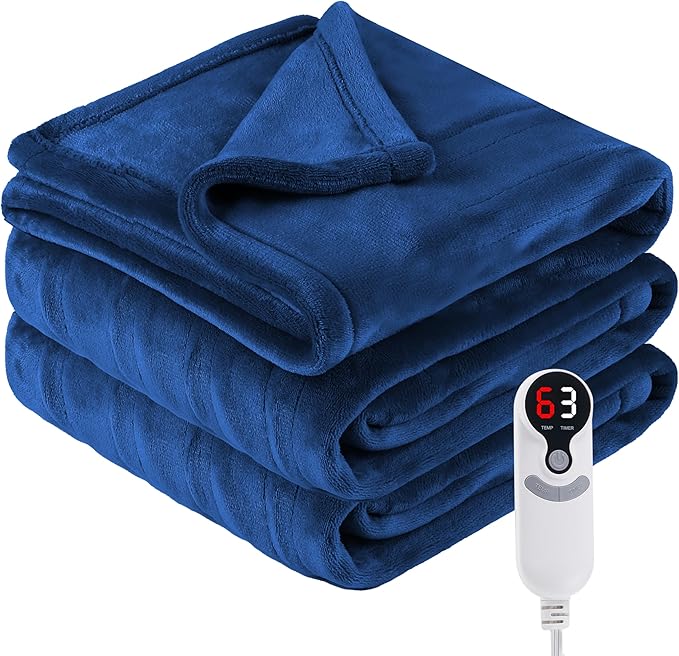 Electric Heated Blanket Throw Size 50"x60", Fast Heating Throw, Soft Microplush for Sofa & Office,6 Heating Levels & 1-10 Hours Auto Off, Machine Washable, Gifts for Family-Navy Blue