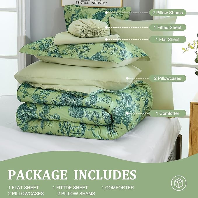DJY Queen Size Comforter Sets, 7 Pieces Green Botanical Comforter Set with Sheets Bed in a Bag Queen White Elegant Plants Print Soft Microfiber Reversible Complete Bedding Sets for All Season