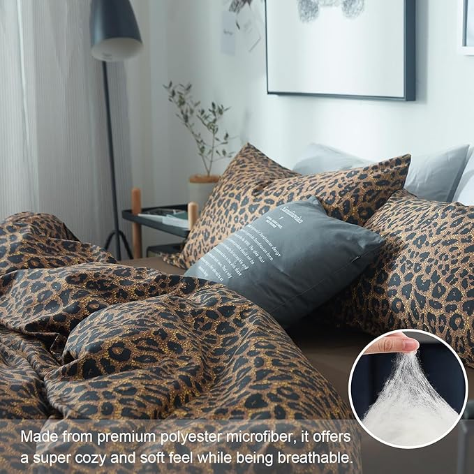 mixinni Leopard Print Comforter Set Queen Size -3 Pieces Animal Cheetah Printed Comforter Sexy Soft Fluffy Brown/Black Floral Print Bedding Set with 2 Pillowcases for All Season-Queen Size