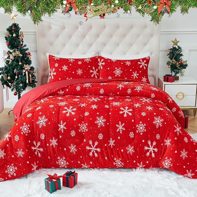 YIYEA Christmas Faux Fur Comforter Set Queen Size with Fitted Sheet, Luxury Ultra Soft Fuzzy Comforter, Fluffy Plush Velvet Bedding Comforter Sets for Fall Winter, Cozy Warmth, No Shedding, 4PC