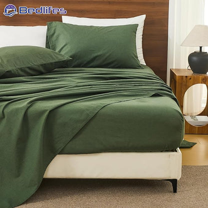 Bedlifes 100% French Pure Linen Sheets California King Size Breathable and Cooling Flax Sheet Set Soft Durable and Moisture Wicking 16 Inch Deep Pocket-4 Piece(Cal King,Forest Green)