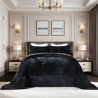 Homzard Velvet California King Size Quilt, Black Comforter Set Bedding Set (118”*106”) with 2 Pillow Shams, Patchwork Bedspread Set, All Season Bedding Coverlet 3 Piece