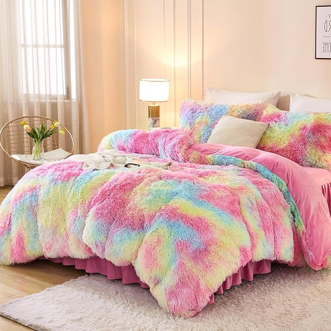 Andency Faux Fur Tie-Dyed Rainbow Comforter Set Full Size, 3 Pieces Fluffy Fuzzy Plush Bedding Comforter Set (1 Shaggy Velvet Comforter & 2 Pillowcases), Soft Puffy Down Comforter Bedding Set