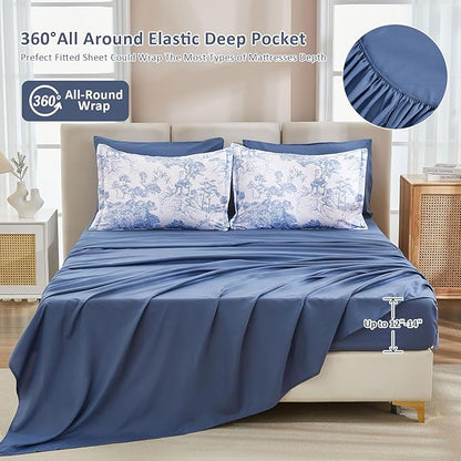 DJY Blue Comforter Set Twin Size,5 Pieces Botanical Comforters with Sheets Elegant Plants Print Soft Microfiber Reversible Complete Bedding Sets for All Season