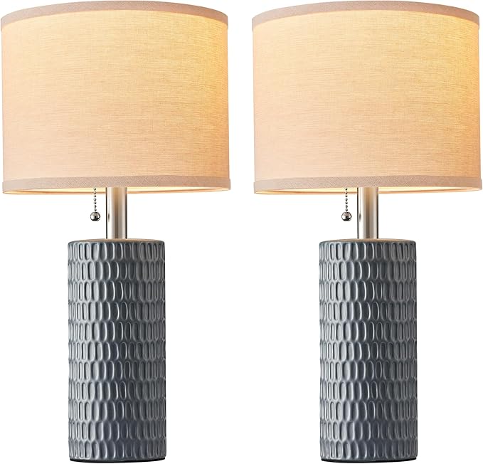 20.5" Modern Ceramic Table Lamps for Bedroom Set of 2, Bedside Lamps for Night Stands with Beige Lampshade, Farmhouse Table Lamp for Living Room Office Dorm, Grey