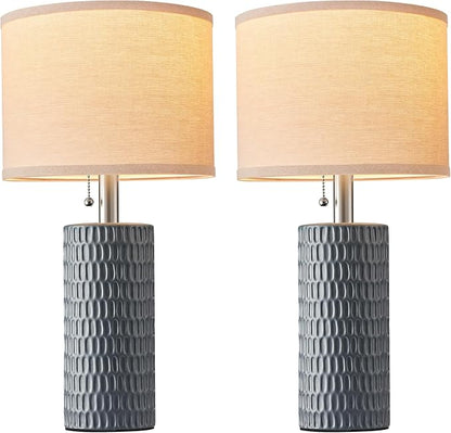 20.5" Modern Ceramic Table Lamps for Bedroom Set of 2, Bedside Lamps for Night Stands with Beige Lampshade, Farmhouse Table Lamp for Living Room Office Dorm, Grey