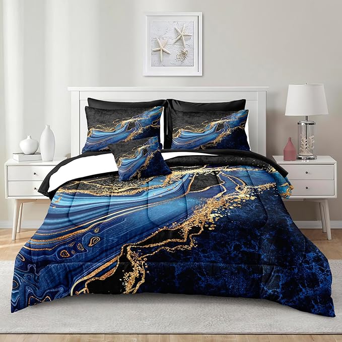 Black Gold Bedding Blue Marble Comforter Set 6 Pieces Twin Bed in a Bag with 1 Black and Blue Comforter, 1Flat Sheet, 1 Fitted Sheet, 2 Pillowcases, 1 Marble Cushion Cover